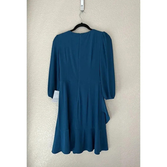 Eliza J Women’s Faux Wrap Surplice Neck Drapey Mini Dress Size 6 Teal - Picture 6 of 9